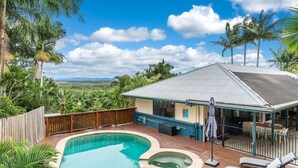 A house with a swimming pool, a hot tub, and a deck with outdoor furniture. - Serenity Now - New Property, minutes from the beach and village, yet so peaceful and private (Lennox Head)