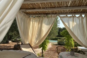 A covered outdoor area with a table and chairs, surrounded by greenery.