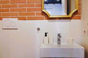 Shower, hair dryer, towels, shampoo