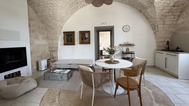 A cozy living room with a stone ceiling, a fireplace, a sofa, a dining table with chairs, and a kitchen area.