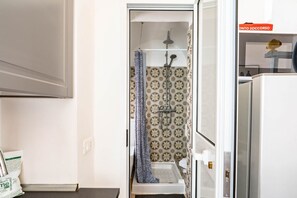 Shower, hair dryer, shampoo