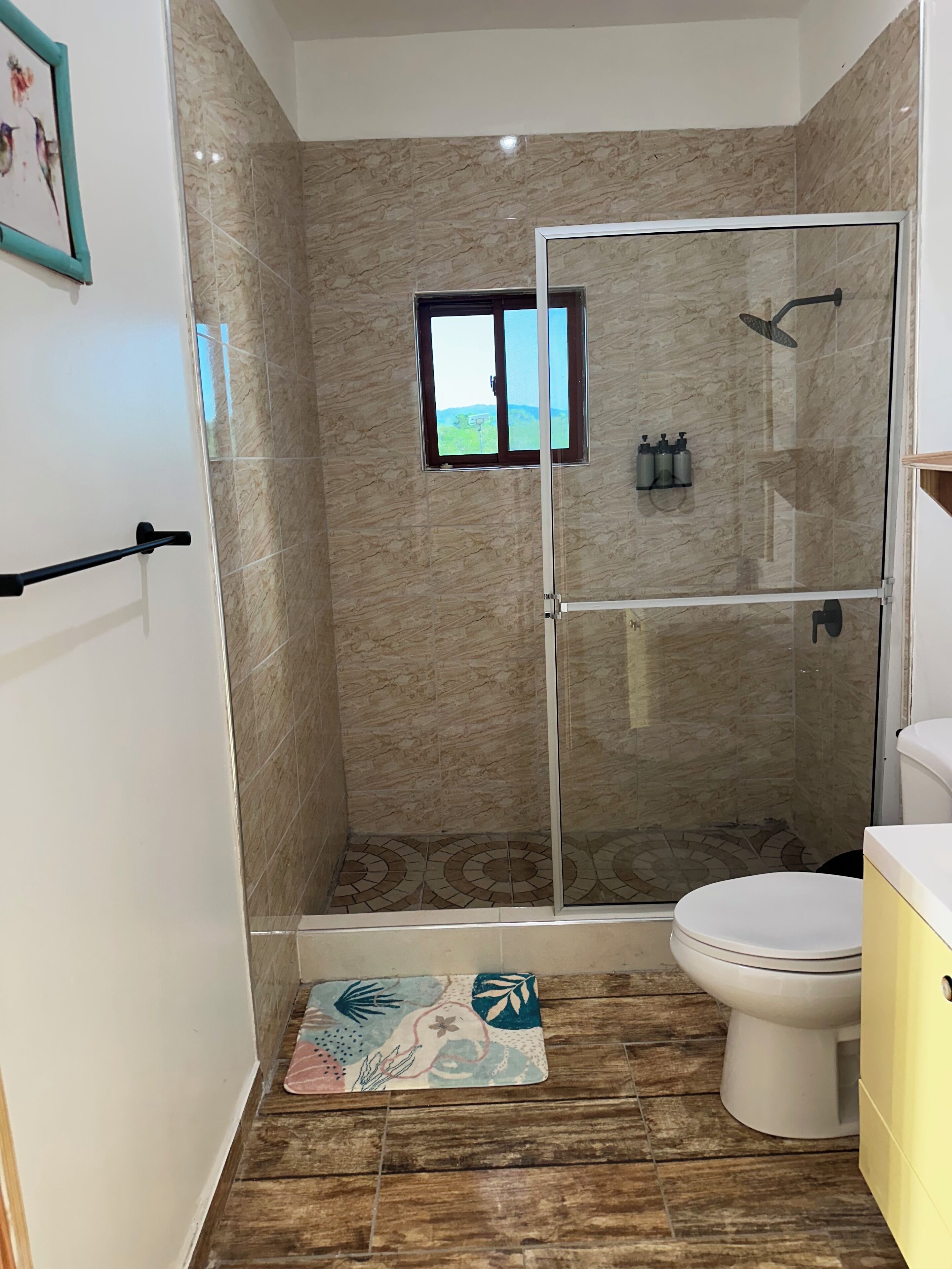 Shower, hair dryer, towels, soap