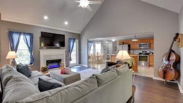 TV, fireplace, books