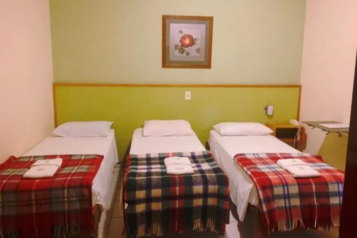 A room with three beds, each with a plaid blanket and a white pillow. There is a framed picture on the wall above the beds.