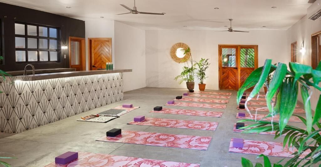 Un estudio de yoga con un espejo central, un mostrador de recepción y plantas en macetas.