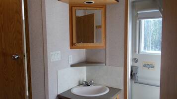 Appartement Confort, vue sur le jardin | Salle de bain | Douche, pomme de douche hydromassante, serviettes fournies, savon