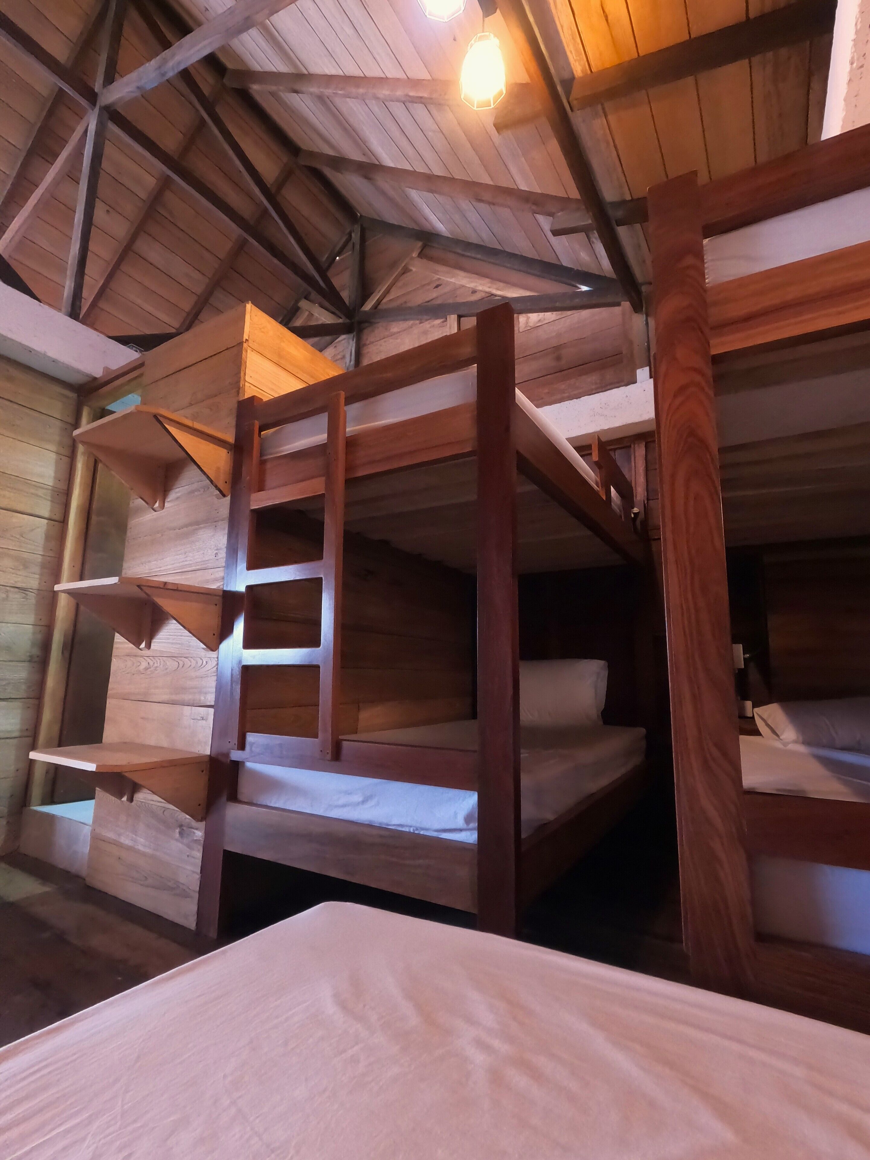 A rustic wooden cabin interior with bunk beds and a ladder.