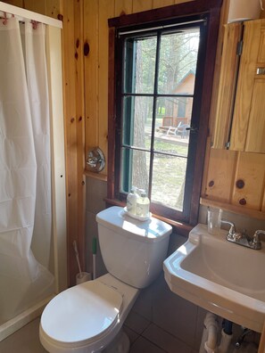 Een badkamer met toilet, wastafel en raam.