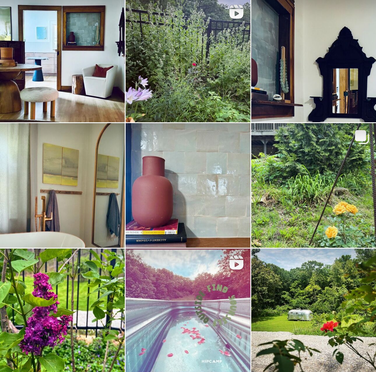 A collage of various interior and outdoor scenes, including a living room with a dining table, a garden with a water feature, and a scenic view of a forest with a camper.