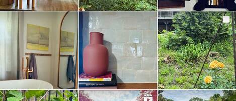 A collage of various interior and outdoor scenes, including a living room with a dining table, a garden with a water feature, and a scenic view of a forest with a camper.