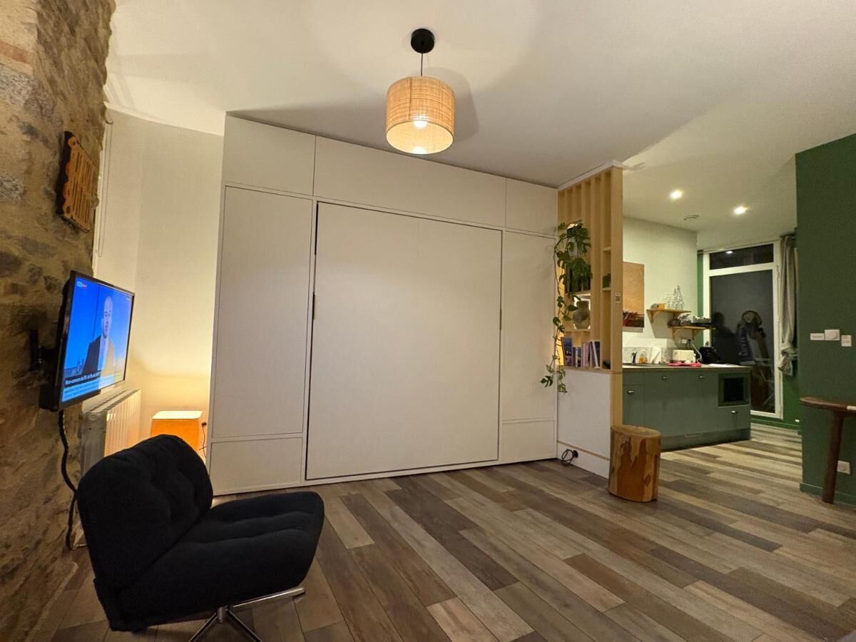 Una sala de estar moderna con un armario grande, un televisor y piso de madera.