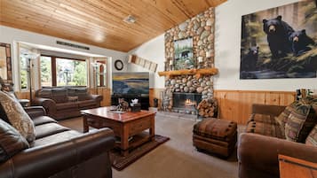 Smart TV, fireplace, DVD player, foosball