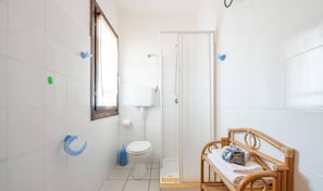 Shower, hair dryer, towels, shampoo