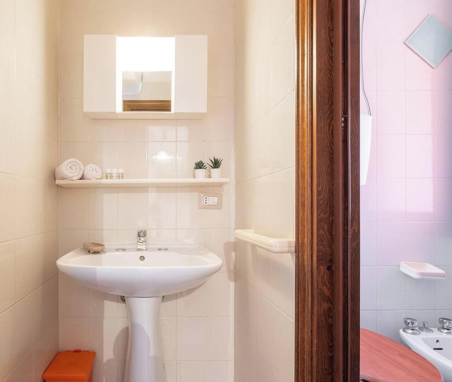 A bathroom with a white sink, a mirror above it, and a shelf with toiletries.