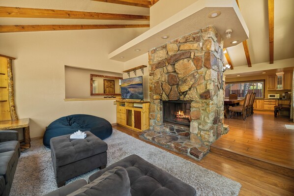 Smart TV, fireplace, foosball