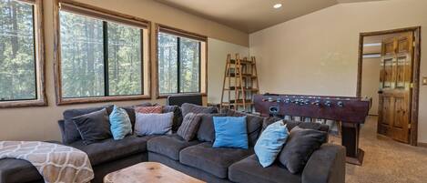 Smart TV, fireplace, table football