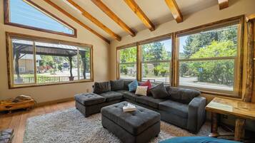 Smart TV, fireplace, foosball