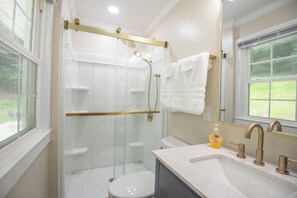 Shower, towels, toilet paper