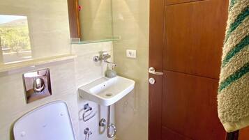 Hair dryer, towels, toilet paper