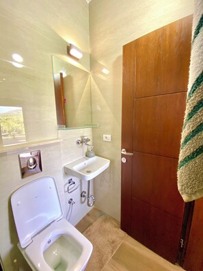 Hair dryer, towels, toilet paper