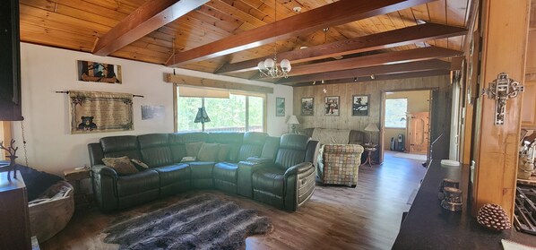 Een smart-tv, een open haard, een dvd-speler en een filmbibliotheek