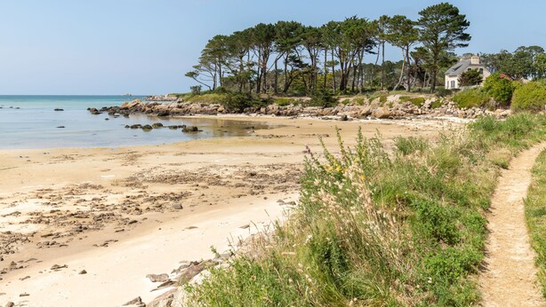 A beach with a rocky shoreline, a path leading to a house, and dense trees in the background. - La Roselière by Interhome (Guissény)