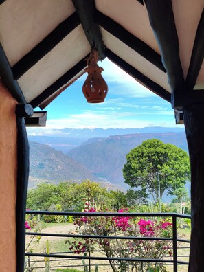 A balcony with a view of a mountainous landscape, a hanging pot, and a cactus plant. - Cabañas Cañón del Chicamocha (Aratoca)