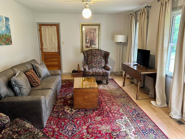 Un salon comprenant un canapé, un fauteuil, une table basse et un téléviseur posé sur un meuble en bois.
