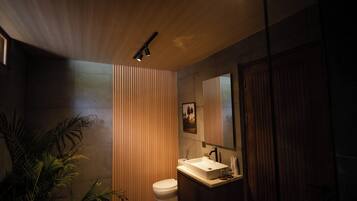 Un bagno moderno con soffitto in legno, un water bianco, un lavabo con specchio e una pianta in vaso.