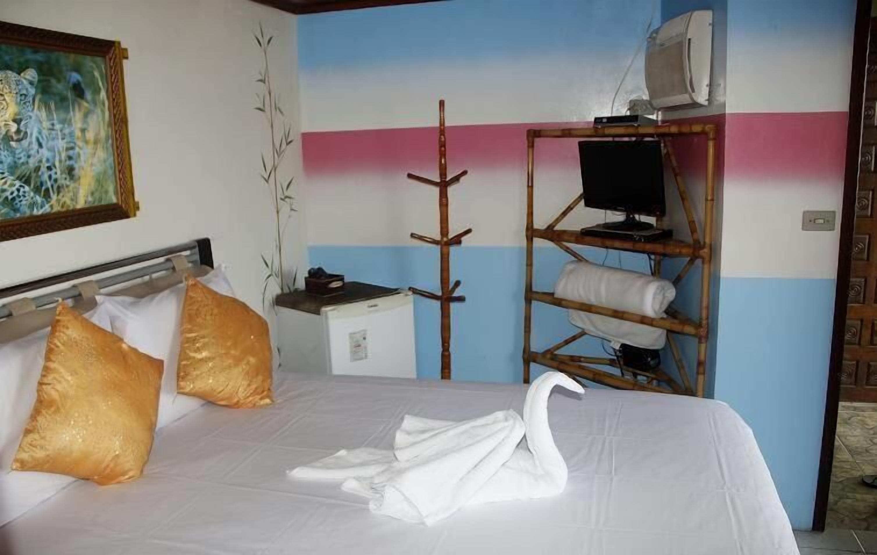 Una habitación de hotel con cama, almohadas, un televisor en un estante y un cuadro en la pared.