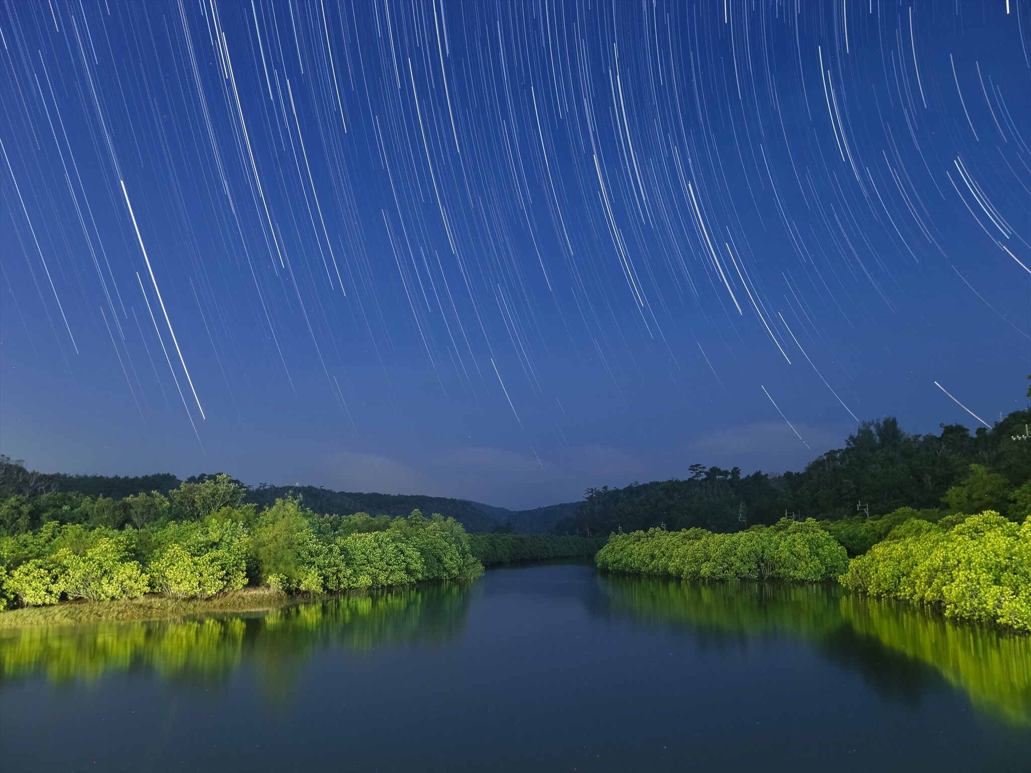 Escena nocturna con estelas de estrellas sobre un río tranquilo, rodeado de vegetación densa.