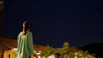 A person standing outdoors at night, looking at a starry sky. There is a building with a sloped roof and wooden siding in the background.