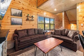Cabin, Multiple Beds, Pool Access, Mountain View (Hibernation Haven) | Living area | 50-inch flat-screen TV with digital channels, fireplace
