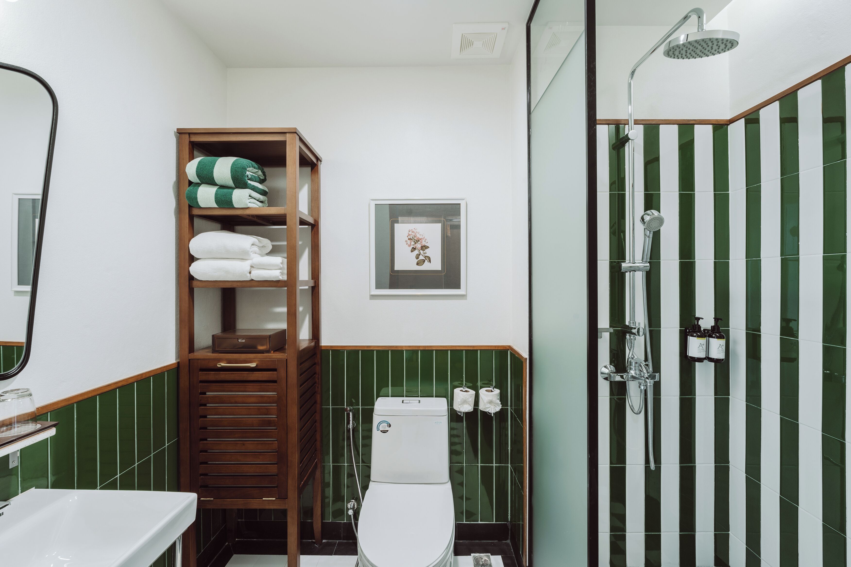 Een badkamer met toilet, handdoekhouder, douche en een ingelijst kunstwerk aan de muur.