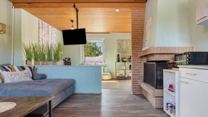 Una sala moderna con sofá, televisor de pantalla plana, zona de cocina con horno de ladrillo y vistas al exterior.