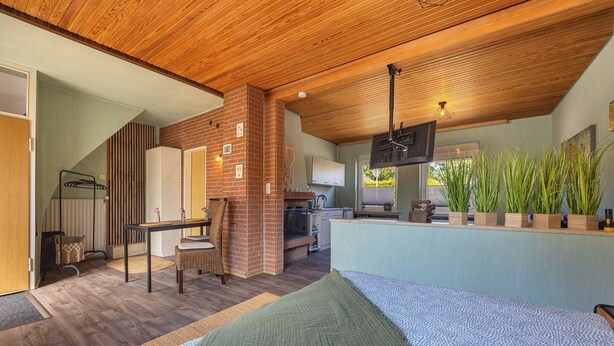 Una habitación moderna con cama, techo de madera, chimenea de ladrillo, zona de cocina y televisor.