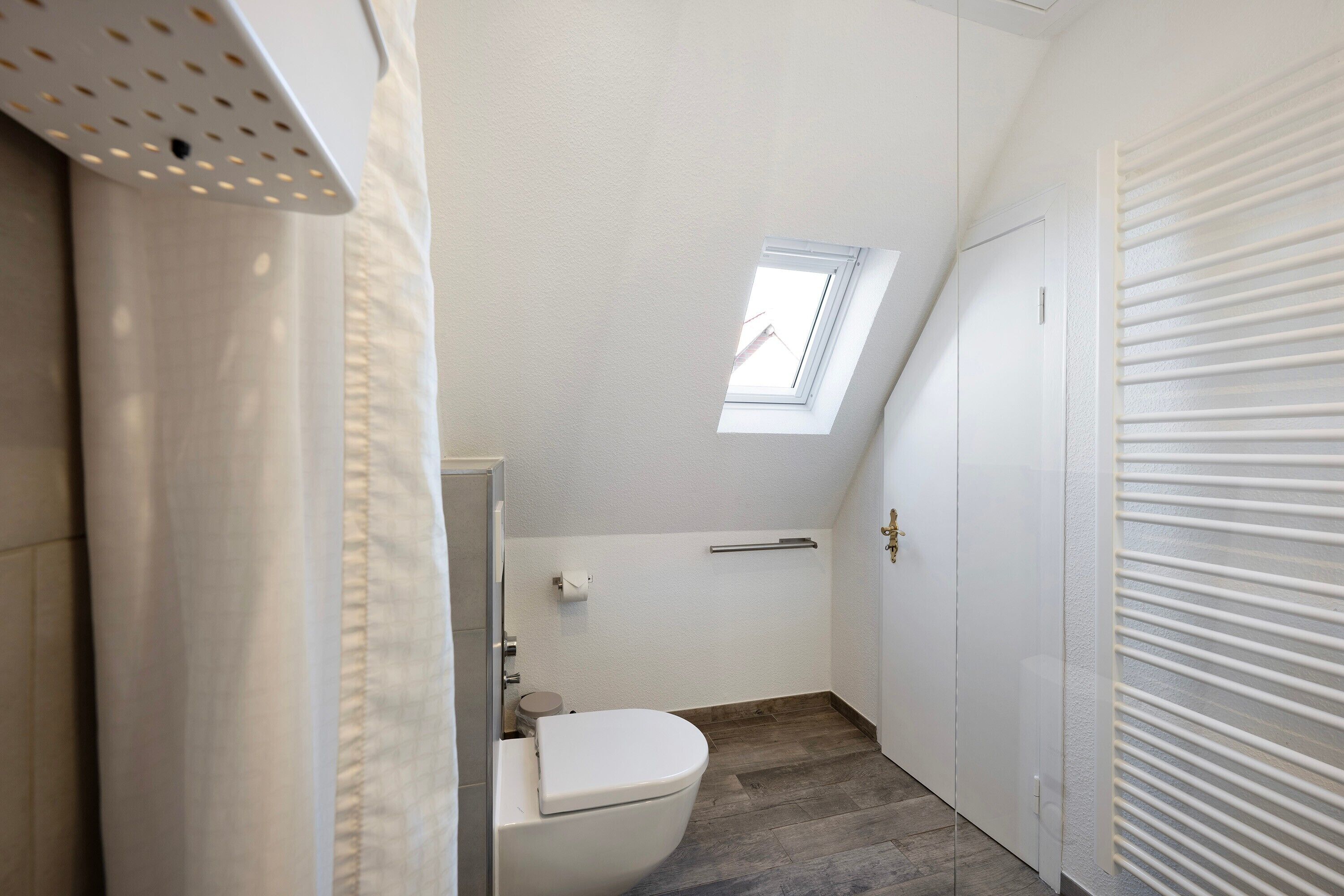 Une petite salle de bain avec un puits de lumière, des toilettes et une porte blanche.