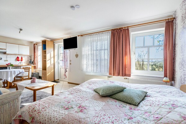 Une chambre avec un lit, une fenêtre avec des rideaux, une télévision et un coin cuisine.