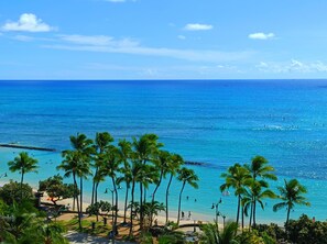 A beach with palm trees and clear blue water. - Direct Oceanfront in the Heart of Waikiki! Spectacular New Custom Reno!!! (Honolulu)