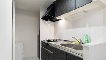 Full-size fridge, microwave, stovetop, electric kettle