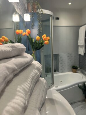 Familienapartment | Badezimmer | Haartrockner, Handtücher, Seife, Shampoo