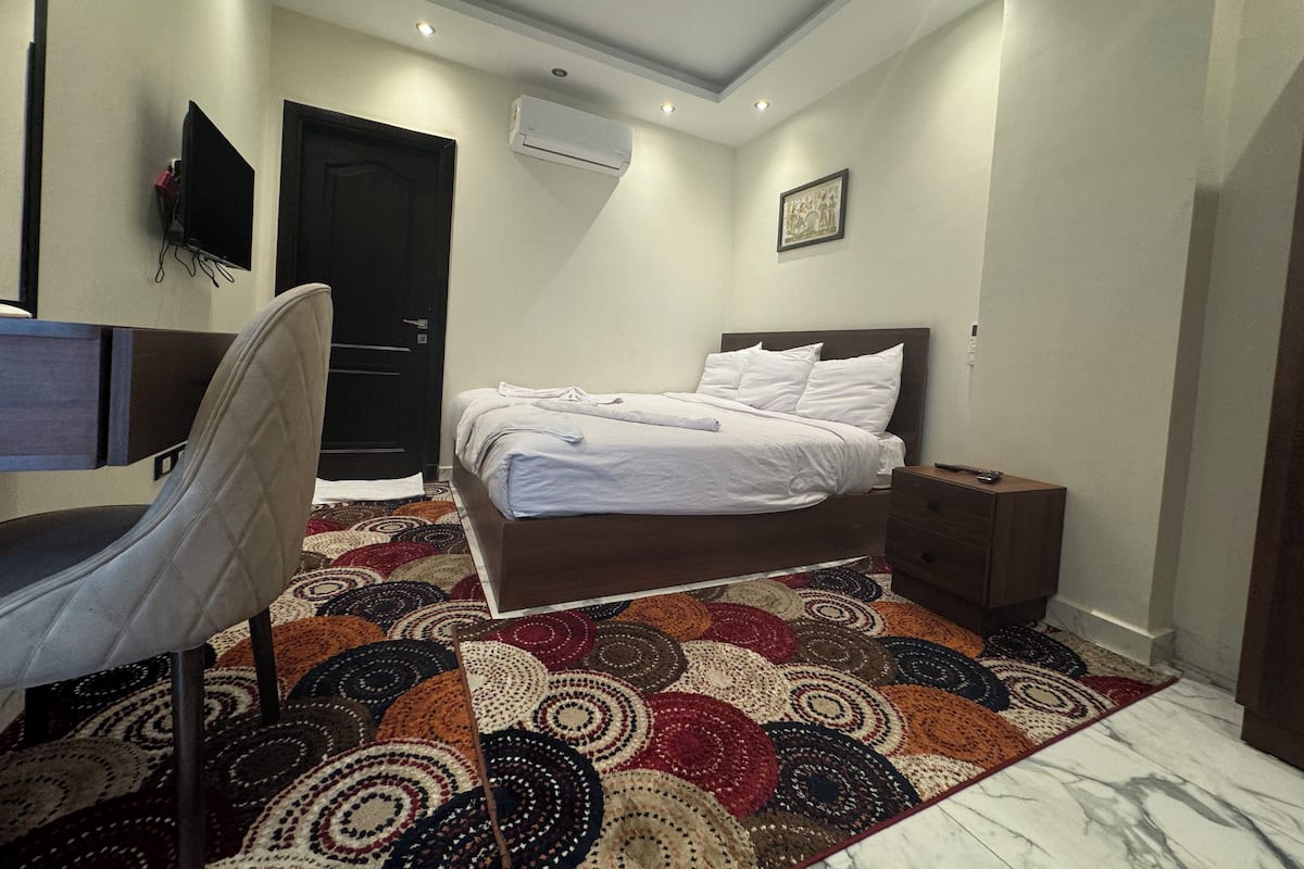 A bedroom with a bed, a chair, a desk, an air conditioner, and a patterned rug.