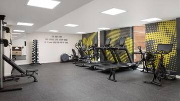 A gym with treadmills, weight machines, and a bench.