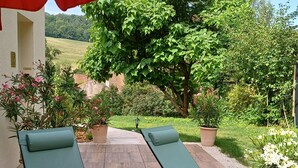 A patio with two green lounge chairs and a small table, surrounded by potted plants and a view of a green landscape. - Luxury suite with private Spa and Sauna (Bligny-sur-Ouche)