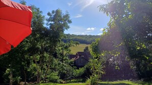 A garden with a red umbrella, a small tree, and a lamp post. - Luxury suite with private Spa and Sauna (Bligny-sur-Ouche)