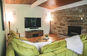 Smart TV, lareira, livros, biblioteca musical