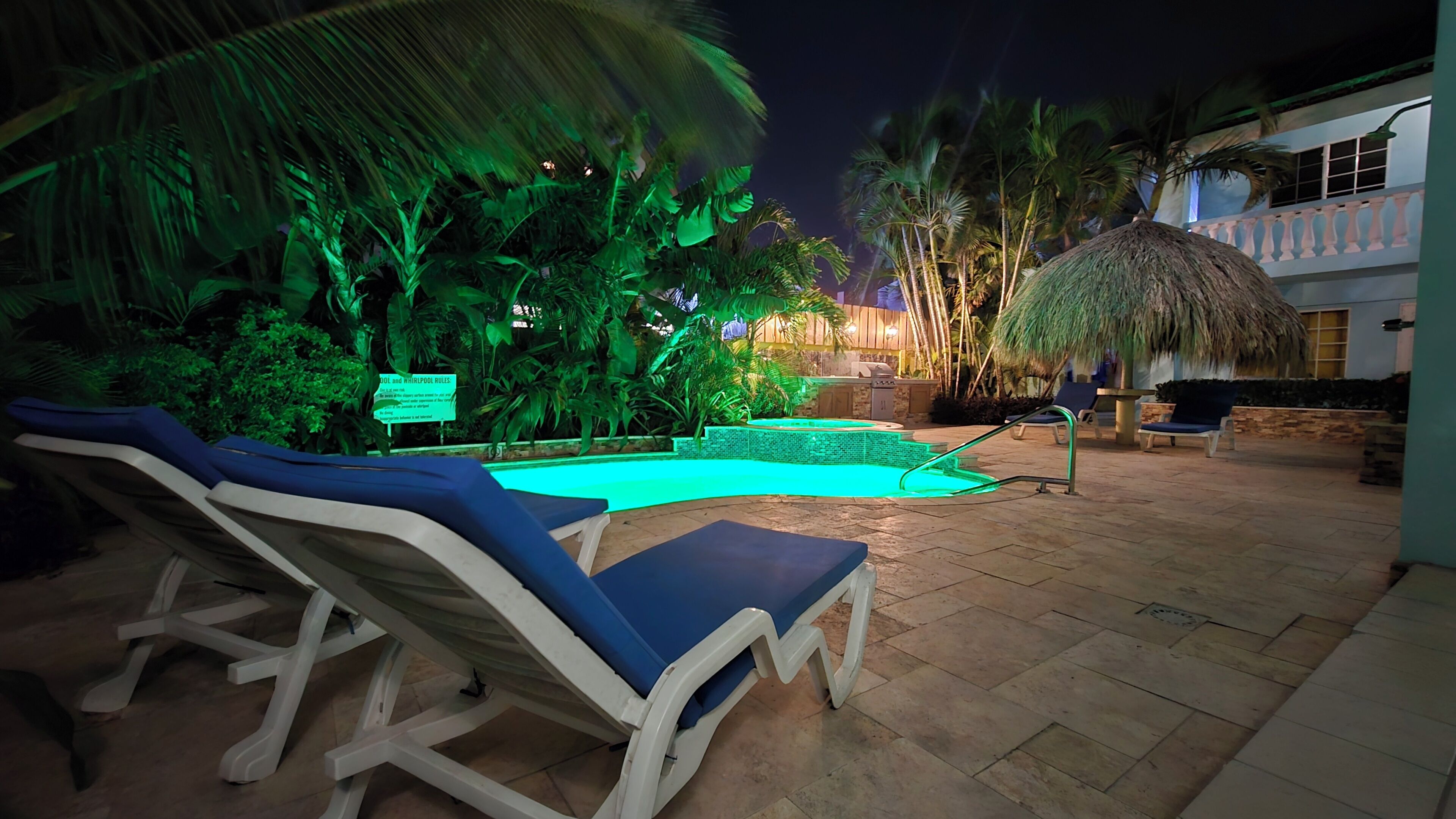 A pool area with lounge chairs, a thatched umbrella, and lush greenery.