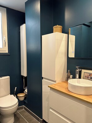 Douche, sèche-cheveux, serviettes fournies, savon