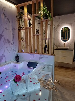 Baignoire à jets, sèche-cheveux, serviettes fournies, savon