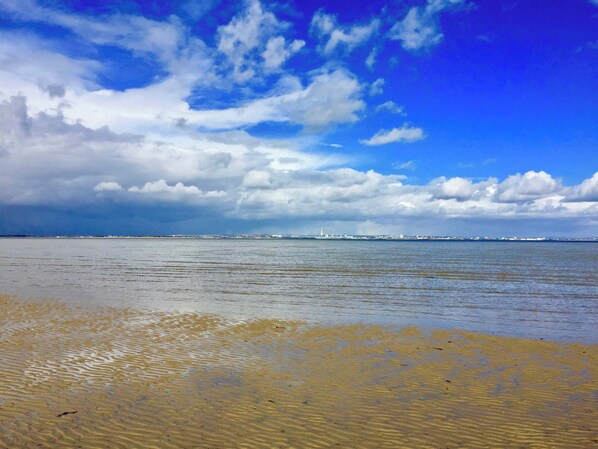 A beach with a clear sky and calm sea.